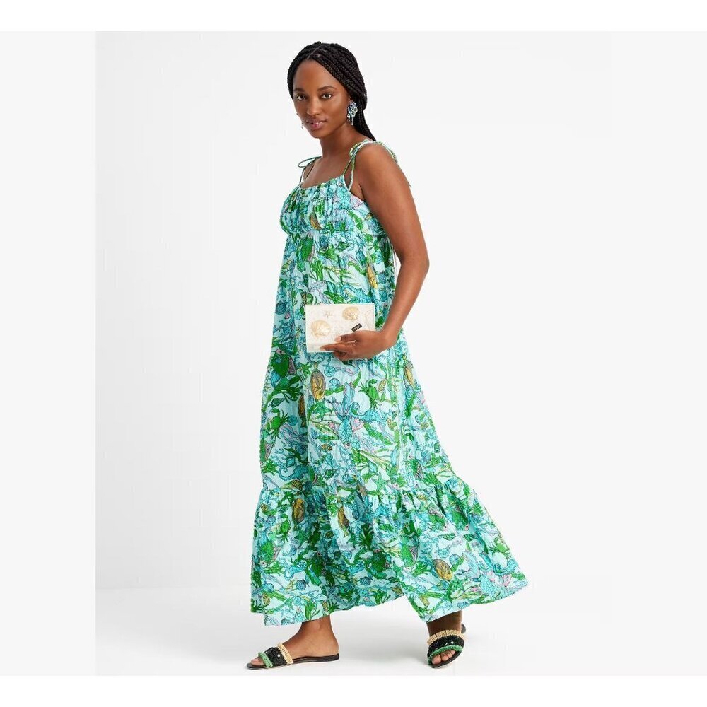 NWT GOA by Japna Blue Green Floral Tiered Ruffle Maxi Shift Dress Size XL